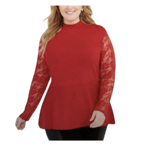 INC NWOT feminine mock neck lace sleeve peplum knit sweater plus size 1X - Picture 1 of 4